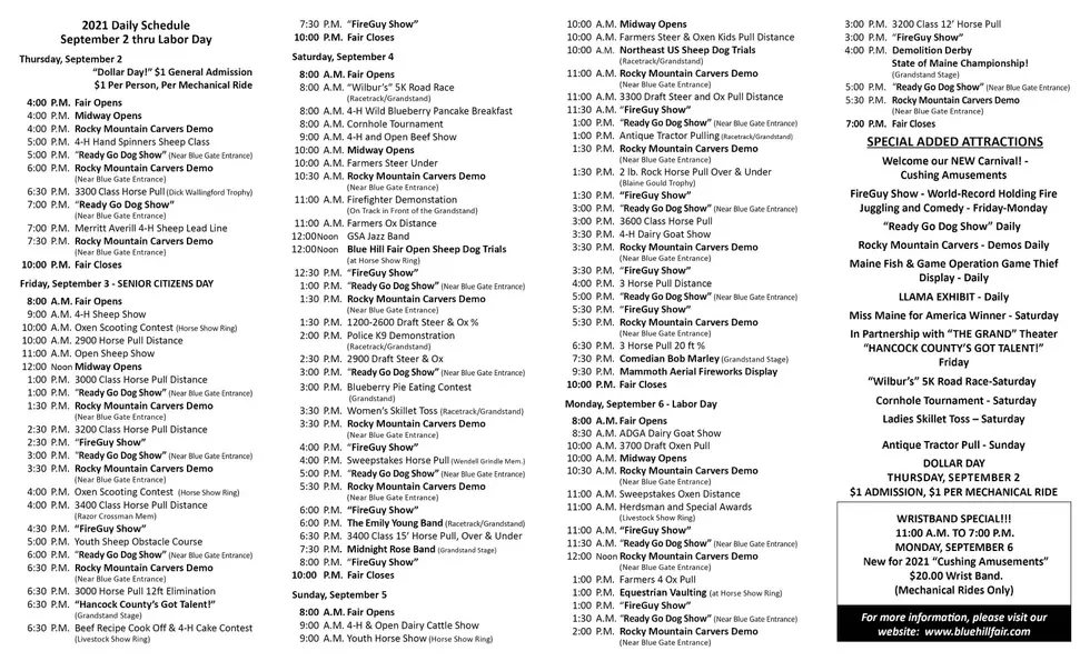 2021 Blue Hill Fair Schedule